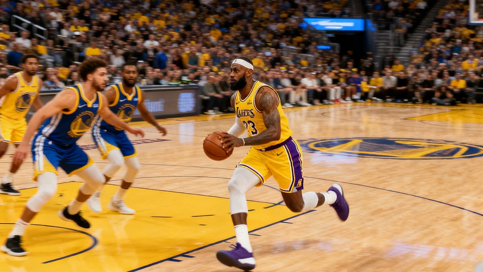 NBA常规赛湖人队对阵勇士队的激烈比赛直播画面，球馆内座无虚席，詹姆斯持球突破勇士防线，灯光聚焦在球场地板上